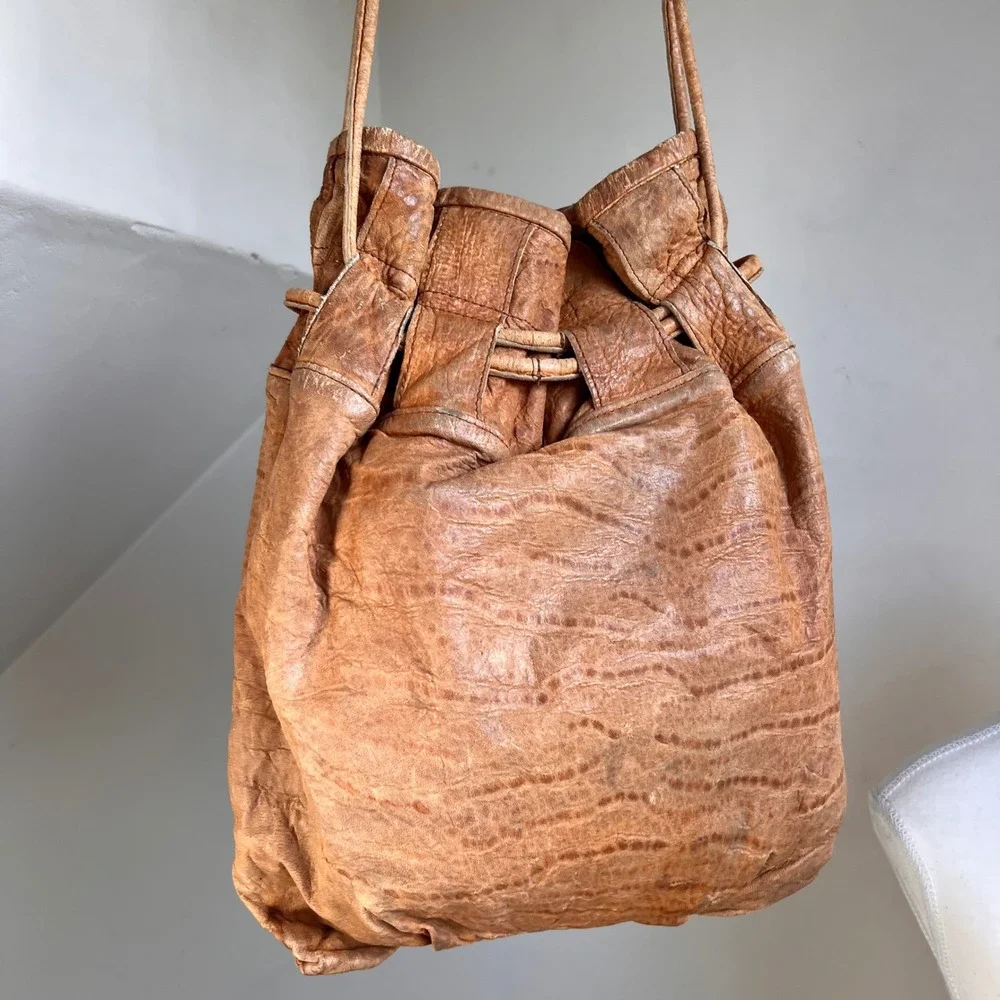 Vintage Susan Riedweg Leather Bucket Bag Large Brown Handmade Hobo Drawstring